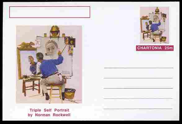 Chartonia (Fantasy) Famous Paintings - Triple Self Portrait by Norman Rockwell postal stationery card unused and fine