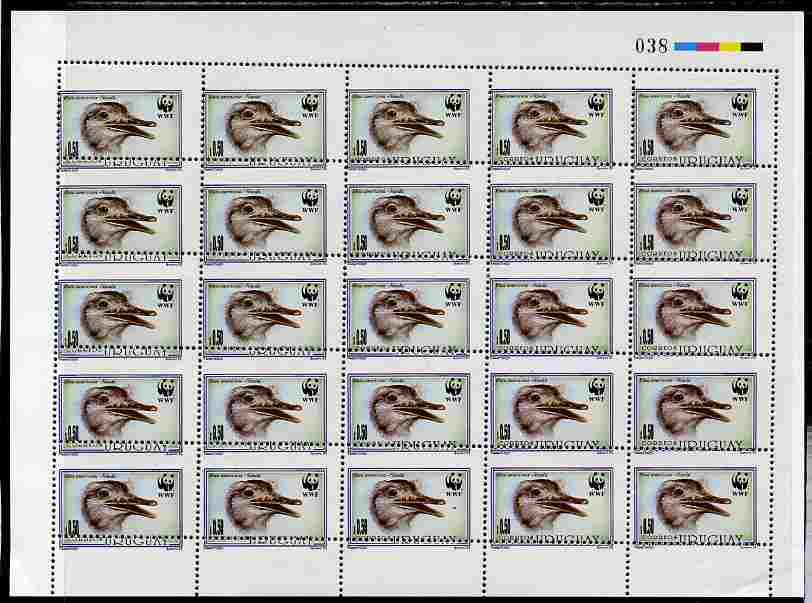 Uruguay 1993 WWF The Great Rhea 50c complete sheet of 25 with perforations misplaced obliquely, affect all stamps but is particularly significant on the top row which has no country name or printer's imprint,with spectacular error unmounted m