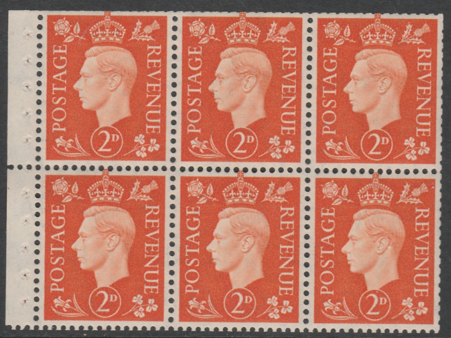 Booklet Pane - Great Britain 1937-47 KG6 2d orange booklet pane of 6 with inv wmk unmounted mint with reasonable perfs SG QB29a cat £325