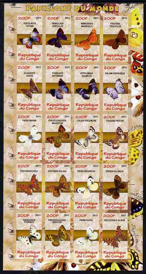Congo 2011 Butterflies of the World #1 imperf sheetlet containing 20 values unmounted mint