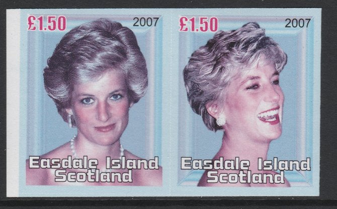 Easdale 2007 Princess Diana £1.50 #4 imperf se-tenant proof pair with yellow ommited (printed in magenta, blue, black & grey only) unmounted mint