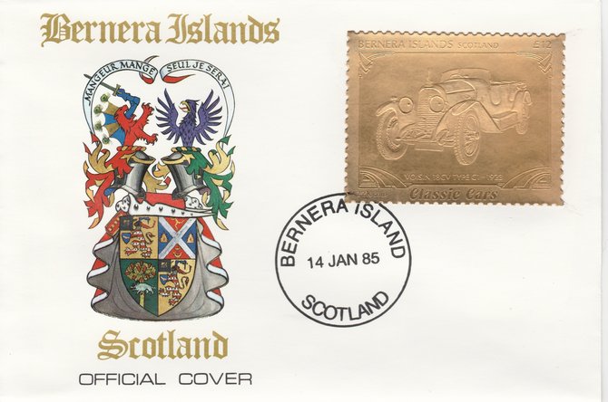 Bernera 1985 Classic Cars - 1923 Voisin Type C1 £12 value perforated & embossed in 22 carat gold foil on special cover with first day cancel