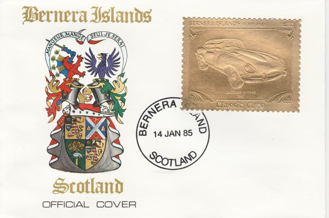 Bernera 1985 Classic Cars - 1961 Jaguar E-Type £12 value perforated & embossed in 22 carat gold foil on special cover with first day cancel
