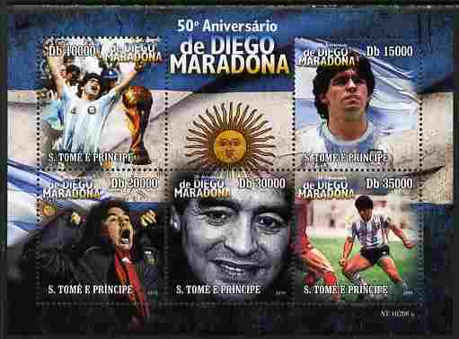 St Thomas & Prince Islands 2010 Diego Maradona perf sheetlet containing 5 values unmounted mint