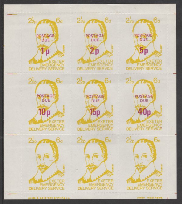 Cinderella - GB Great Britain 1971 Exeter Emergency Delivery Service 2.5p-6d labels depicting Gilbert in a complete sheet of 9 comprising set of 6 opt'd Postage Due 1p to 40p plus 3 un-surcharged values unmounted mint