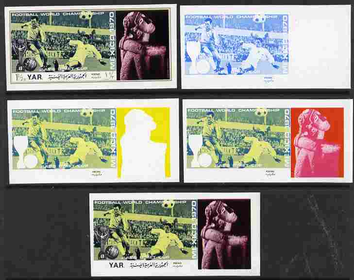 Yemen - Republic 1970 Football World Cup - 8th issue 1.5B the set of 5 imperf progressive proofs comprising 1, 2, 3, 4 and all 5-colour composites unmounted mint as Mi 1169