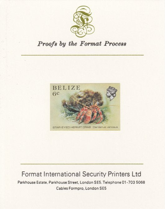 Belize 1984-88 Hermit Crab 6c def imperf proof mounted on Format International proof card as SG 771