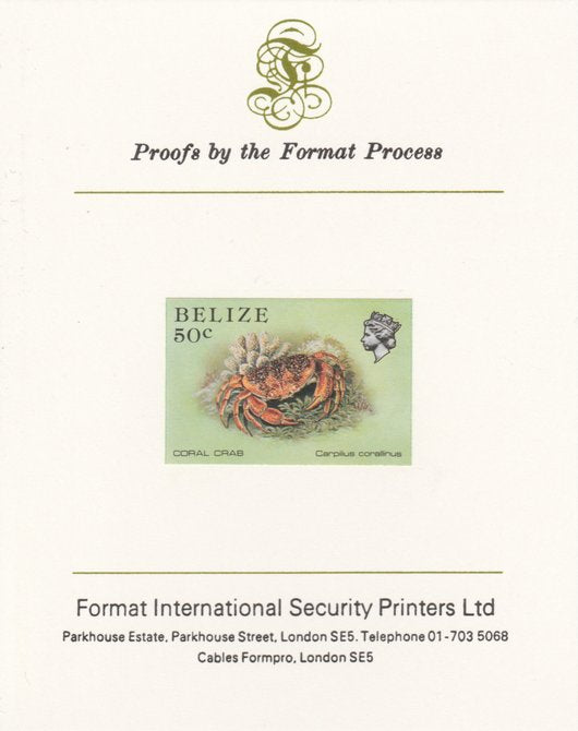 Belize 1984-88 Coral Crab 50c def imperf proof mounted on Format International proof card as SG 775