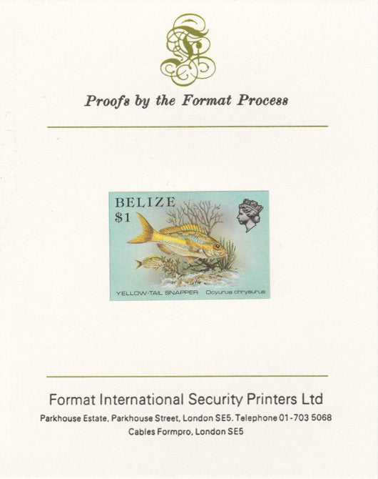 Belize 1984-88 Snapper fish $1 def imperf proof mounted on Format International proof card as SG 778