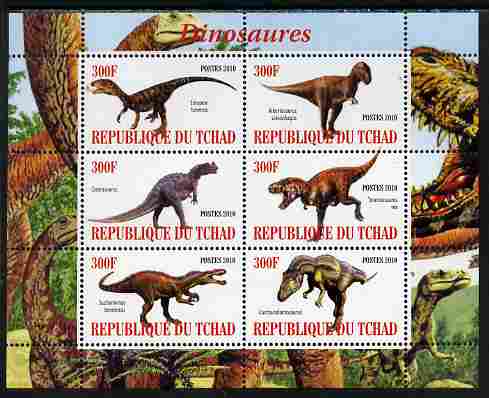 Chad 2010 Dinosaurs #1 perf sheetlet containing 6 values unmounted mint