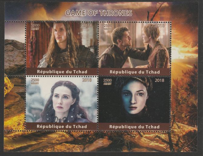 Chad 2018 Game of Thrones perf sheetlet containing 4 values unmounted mint. Note this item is privately produced and is offered purely on its thematic appeal, it has no postal validity