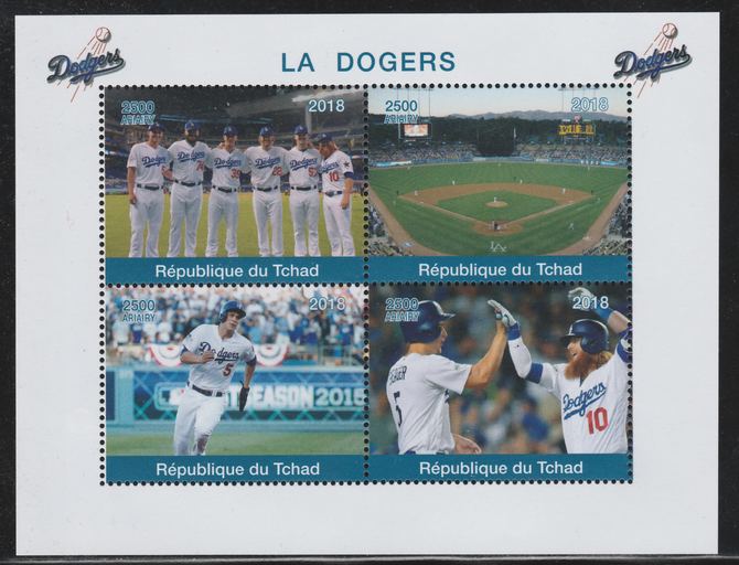 Chad 2018 The Dodgers (Baseball) perf sheetlet containing 4 values unmounted mint. Note this item is privately produced and is offered purely on its thematic appeal.