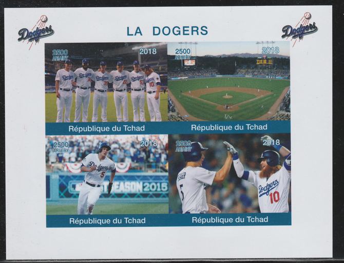 Chad 2018 The Dodgers (Baseball) imperf sheetlet containing 4 values unmounted mint. Note this item is privately produced and is offered purely on its thematic appeal.