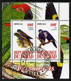 Chad 2010 Parrots #1 perf sheetlet containing 2 values fine cto used