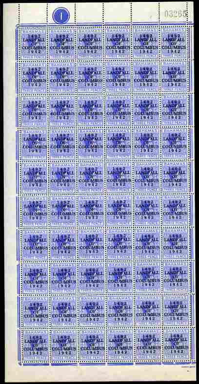 Bahamas 1942 KG6 Landfall of Columbus 3d ultramarine complete left pane of 60 including plate varieties R1/1 & R10/1 (Damaged corners) plus overprint varieties R1/2 (Flaw in N), R1/4 (Damaged top of L), R2/4 (Broken F), R3/2 (Flaw……Details Below