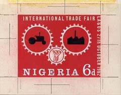 Nigeria 1962 International Trade Fair original hand-painted artwork by M Goaman & J O Gbagbeolu for issued 6d value on card 5"x4" with overlay (plus issued stamp)