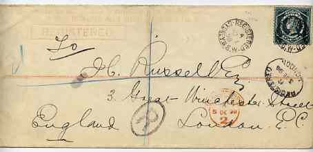 New South Wales 1898 3d reg long cover to London bearing additional 5d tied Sydney reg cds with London receiving marks, central vert filing crease otherwise fine