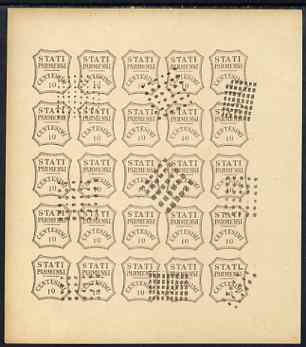 Italy - Parma 1859 issue Spiro Forgery complete imperf sheet of 25 x 10c brown 'used'