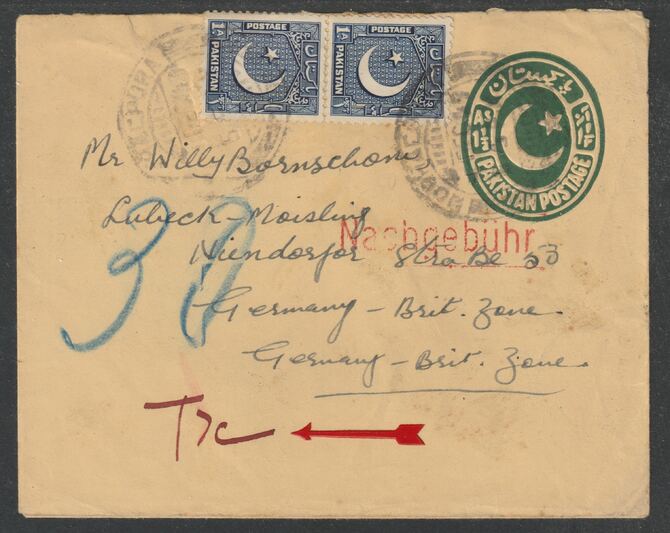 Germany - Allied Occupation 1949 underpaid p/stat env from Pakistan endorsed Nasbgebühr in red with T7c in m/s