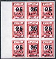 Germany - Memel - Lithuanian Occupation 1923 25c on 100m (Liner) imperf block of 9 being a 'Hialeah' forgery on gummed paper (as SG 88)