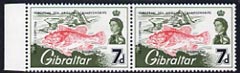 Gibraltar 1966 European Sea Angling Championships 7d unmounted mint marginal pair, one stamp showing €˜broken n in European€™ variety (row 8/2)