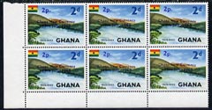 Ghana 1965 New Currency 2p on 2d Volta River unmounted mint block of 6, one stamp with variety €˜short 1 in date€™ R5/2 and one stamp with no stop after date R5/3