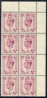 GB Great Britain 1937-47 KG6 6d unmounted mint corner block of 8 with good doctor blade flaw affecting 3 stamps