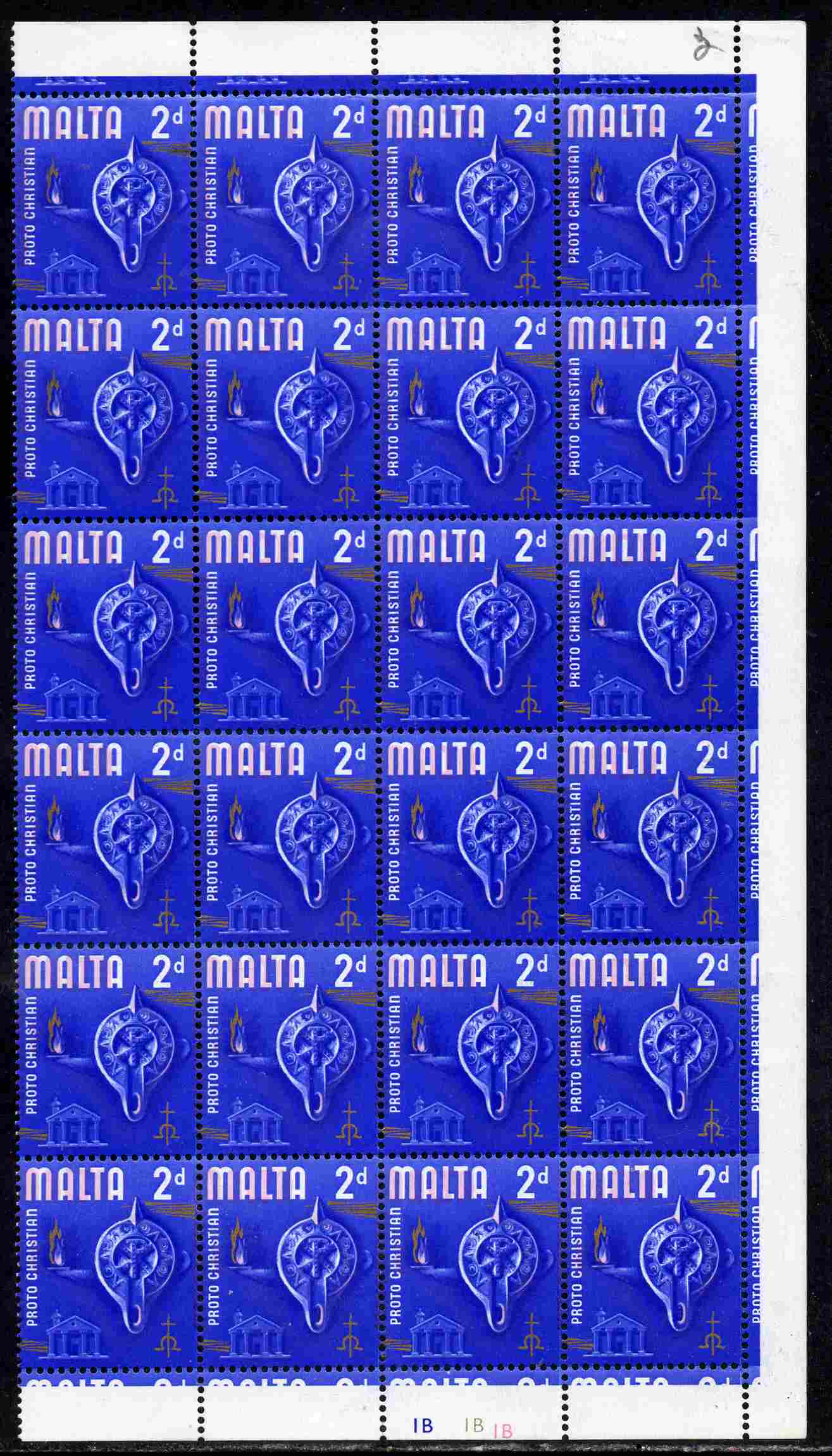Malta 1965-70 Historical def 2d block of 24 (with cyl numbers) showing a fine misplacement of the pink unmounted mint