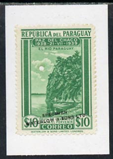 Paraguay 1940 colour trial proof of 10p Fishing (SG 540) in green affixed to small piece overprinted 'Waterlow & Sons Ltd, Specimen' with small security puncture