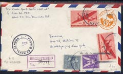 United States 1944 6c Orange p/stat (Naval) Censor cover to New York with add 30c (4 vals) & 5 diff purple cds on rev