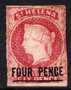 St Helena 1863 QV Crown CC imperf 4d carmine, 3 margins with possibly pen cancel SG 5 cat £250