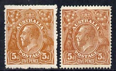 Australia 1914-20 KG5 Head 5d brown two mounted mint copies (line & comb perf) SG23/a