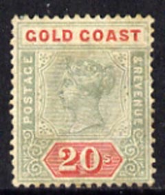 Gold Coast 1889-94 QV CA 20s green & red a cleaned fiscal and probably regummed to produce a very acceptable space-filler of this exceptionally scarce stamp (cat £3,250 mint) SG24