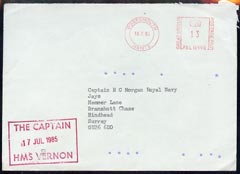 GB Great Britain 1985 cover from HMS Vernon to Surrey, with Royal Coat of Arms on flap (Military Mail)