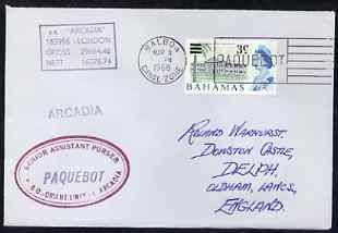 Bahamas used in Balboa (Canal Zone) 1968 Paquebot cover to England carried on SS Arcadia with various paquebot and ships cachets