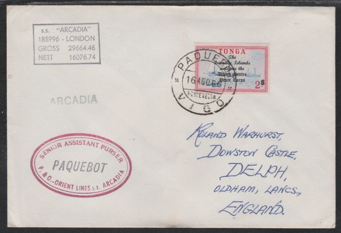 Tonga used in Vigo (Spain) 1968 Paquebot cover to England carried on SS Arcadia with various paquebot and ships cachets