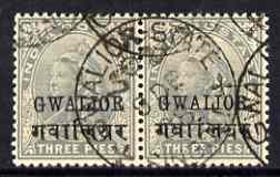 Indian States - Gwalior 1899-1911 QV 3p horiz pair fine used, SG39 cat £120