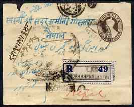 India 1936 1a p/stat env bearing additional 4a registered from Gorakhpur to Nepal, with various cancels