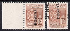 Ecuador 1949 Consular Stamp 20c on 25c opt'd for postal use unmounted mint singles with opt misplaced- one with 20 ctvs at top, the other with 'Postal' only, SG909