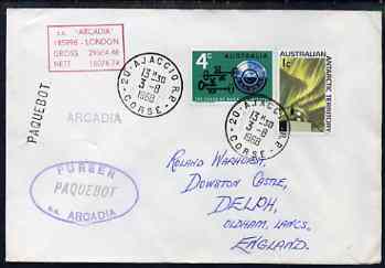 Australia used in Ajaccio (Corsica) 1968 Paquebot cover to England carried on SS Arcadia with various paquebot and ships cachets
