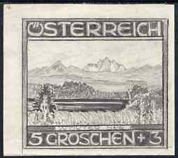 Austria 1930's original pencil sketch for landscape issue showing Worter See 5g, size 98 x 89 mm
