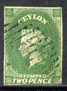 Ceylon 1857-59 QV 2d green, four clear margins, tiny flaw in lower right square (?) fine used, SG 3