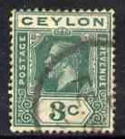Ceylon 1912-25 KG5 3c green key plate with white flaw running down nape of King's neck, used