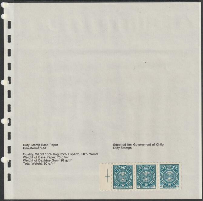 Chile - Paper sample used for Duty stamps with example and technical details, minor wrinkles but extremely rare, sheet size approximately 200 x 200 mm - ex Wiggins Teape