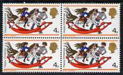 GB Great Britain 1968 Christmas 4d block of 4 with Queen's Head dropped 2.5mm plus normal block, both unmounted mint