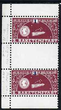 Cinderella - Germany 1933 Rocket Labels 6th issue inter-paneau gutter pair, lower stamp bears a blue '3' instead of a blue '1', only 40 exist