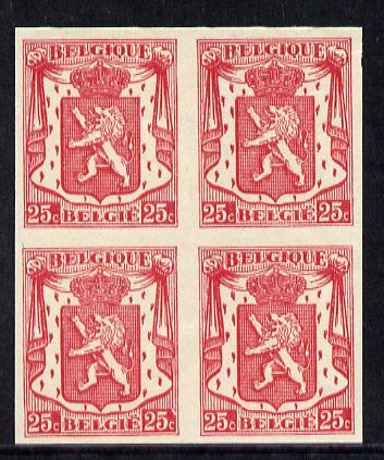 Belgium 1936 Belgian Lion 25c carmine imperf block of 4, few gum wrinkles otherwise fine unmounted mint