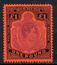 Bermuda 1938-53 KG6 £1 P13 (Nov '51) with major scroll flaw (stamp 14) corner fault o/w fine mounted mint