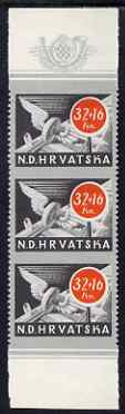 Croatia 1944 Postal & Railway Employee's Relief Fund 32k + 16k Winged Wheel vert strip of 3 with horiz perfs omitted, fine mounted mint SG 126var