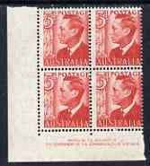 Australia 1951 KG6 3d red on thin paper, superb unmounted mint imprint block of 4 BW.251a cat $300+ (unpriced as imprint block)